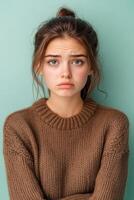 Young woman with sad expression against green background photo