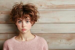 Young person with curly hair poses against wooden backdrop photo
