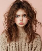Young woman with tousled hair posing against soft backdrop photo