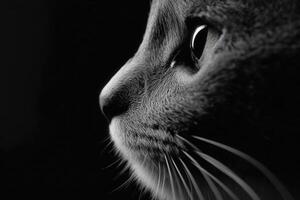 Cat profile with striking features in black and white photo