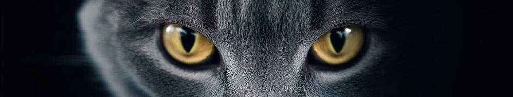 Close-up of a cat's striking yellow eyes against dark fur photo