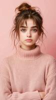 Young woman poses with casual expression against pink backdrop photo