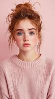 Freckled girl with expressive eyes on pink background photo