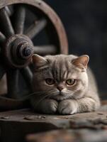 Cat resting beside an old wheel in a rustic setting photo