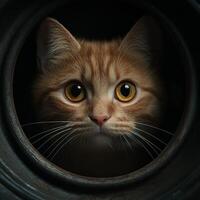 Ginger cat peering from a dark circular opening photo