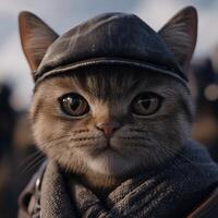 Cute cat wearing a hat, posing confidently outdoors photo