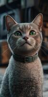 Gray cat with striking green eyes sits calmly indoors photo