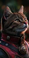 Cat dressed in a vintage outfit with a collar in nature photo