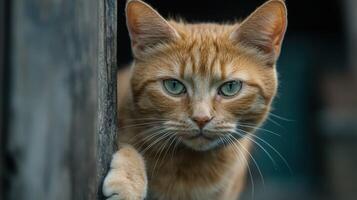 Orange tabby cat gazing intently near wooden fence photo