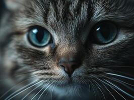 Close-up of a curious cat with striking blue eyes photo