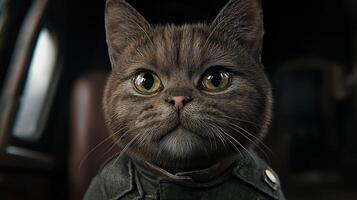 Cat wearing a coat looks directly at the camera in a cozy setting photo