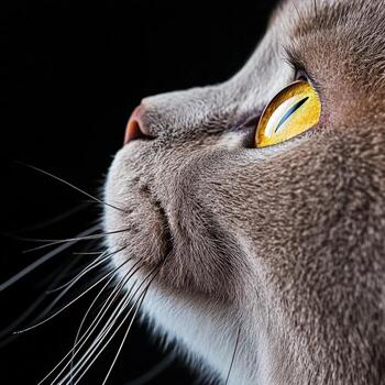 Cat portrait highlighting striking yellow eyes and whiskers photo
