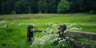 Flowers and wooden fence beside a vibrant green field photo