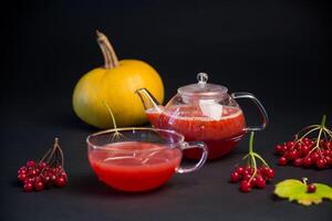 nutritious vitamin tea from viburnum berries, isolated on black background photo