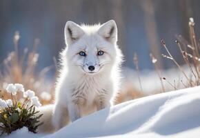 cute white arctic fox in winter in the snow photo