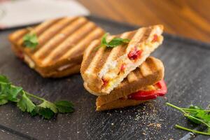 grilled fried bread toasts with filling inside photo