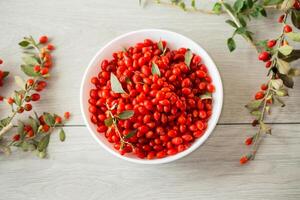 fresh ripe red goji berries in a bowl on a wooden table photo