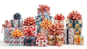 A captivating array of beautifully wrapped gifts in an explosion of colors and patterns, each finished with a grand bow. photo