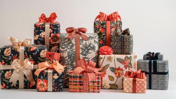 A captivating array of beautifully wrapped gifts in an explosion of colors and patterns, each finished with a grand bow. photo
