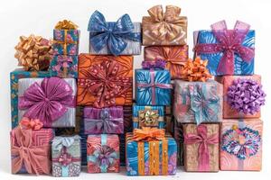 A captivating array of beautifully wrapped gifts in an explosion of colors and patterns, each finished with a grand bow. photo