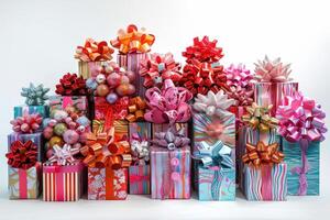 A captivating array of beautifully wrapped gifts in an explosion of colors and patterns, each finished with a grand bow. photo
