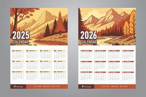 one page wall calendar design for 2025 and 2026 with scenery mountain background vector
