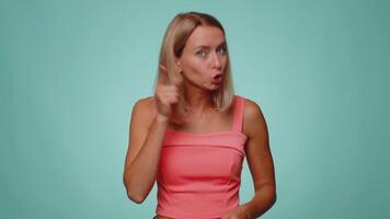 Displeased woman gesturing hands with irritation displeasure blaming scolding for failure asking why video
