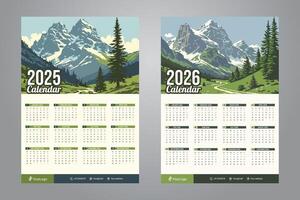 2025 and 2026 Wall Calendar design with Stunning Mountain Scenery Background vector