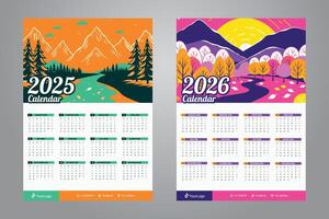 one page wall calendar design for 2025 and 2026 with pop art abstract mountain background vector