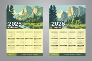 wall calendar design for 2025 and 2026 with beautiful mountain scenery background vector