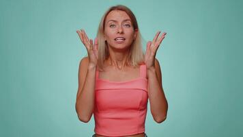 Young woman waiting for good luck, loses becoming surprised sudden lottery results, bad fortune loss video