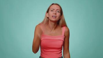 Girl raising hands in indignant expression asking why what reason of failure demonstrating disbelief video