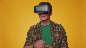 Man using virtual reality futuristic technology VR headset helmet to play simulation 3D game video