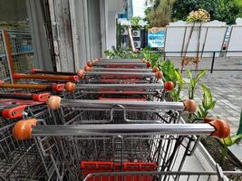Mataram City, Indonesia - December 1, 2024. A row of shopping carts are neatly arranged outside a shop. The carts, made of metal with orange handles, are parked in an orderly fashion. photo