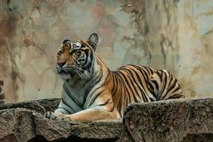 A Sumatran tiger resting peacefully at the zoo, showing its beautiful orange coat and black stripes. The majestic predator enjoys a moment of calm in its natural habitat photo