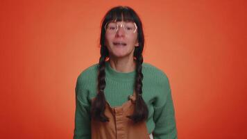 Displeased woman gesturing hands with irritation displeasure blaming scolding for failure asking why video