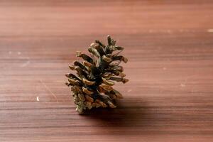 An isolated pine cone placed on a wooden table, showcasing its natural texture and intricate design. The simplicity of the scene highlights the beauty of the pine cone photo