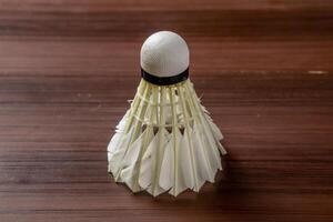 An isolated shuttlecock placed on a wooden table, showcasing its delicate feathers and intricate design. The simplicity of the scene highlights the shuttlecock details photo