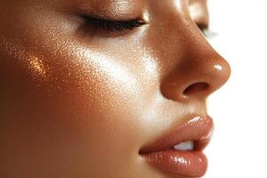 Glowing Melanin Beauty with Gold Shimmer Highlighter, Dewy Skin and Glossy Nude Lips photo
