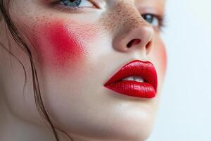Bold and Vibrant Beauty Close Up with Red Blush and Luscious Red Lips photo