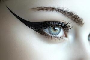 Extreme Close-up of Perfect Black Winged Eyeliner and Natural Long Lashes photo