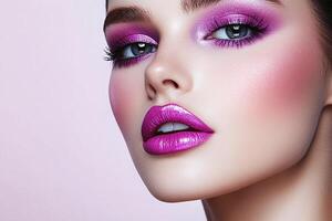 Luxury Beauty Portrait with Metallic Purple Lips and Shimmering Magenta Eyeshadow on Flawless Skin photo