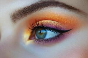 Extreme Close Up of Blue Eye with Sunset Inspired Eyeshadow and Perfect Winged Eyeliner photo