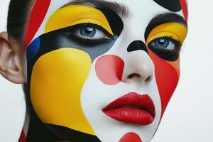 Abstract Makeup Close-Up with Striking Red, Yellow, Black, and Blue Patterns photo