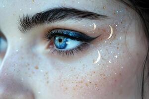 Stunning Blue Eye Close-up featuring White and Gold Galaxy Glitter, Moon Decals, Precise Eyeliner and Fluffy Brow photo