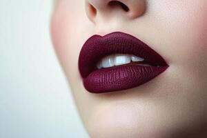 Close up of lips with rich plum matte lipstick capturing detailed texture and vibrant color photo