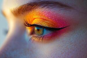 Extreme Macro Shot of Orange and Pink Glitter Eyeshadow with Golden Glitter Accents and Perfect Winged Liner photo