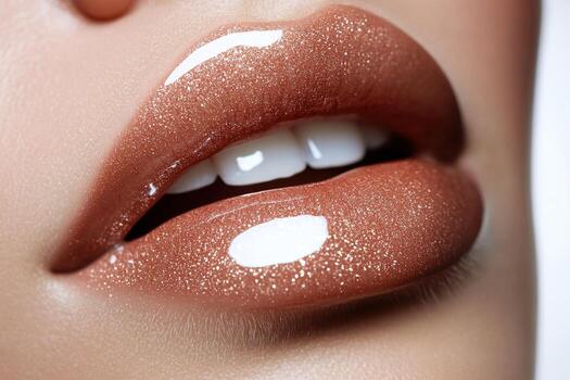 macro de desnudo labios con reluciente brillo y sutil brillar foto