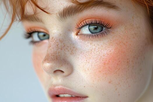 Close-up Portrait of Fair Skin with Delicate Freckles and Peach-Toned Makeup photo