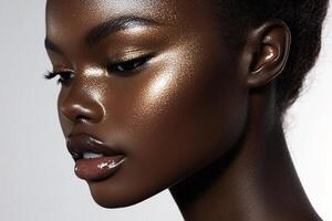 Radiant Beauty Close-Up with Bronze Highlighter and Glossy Lips photo